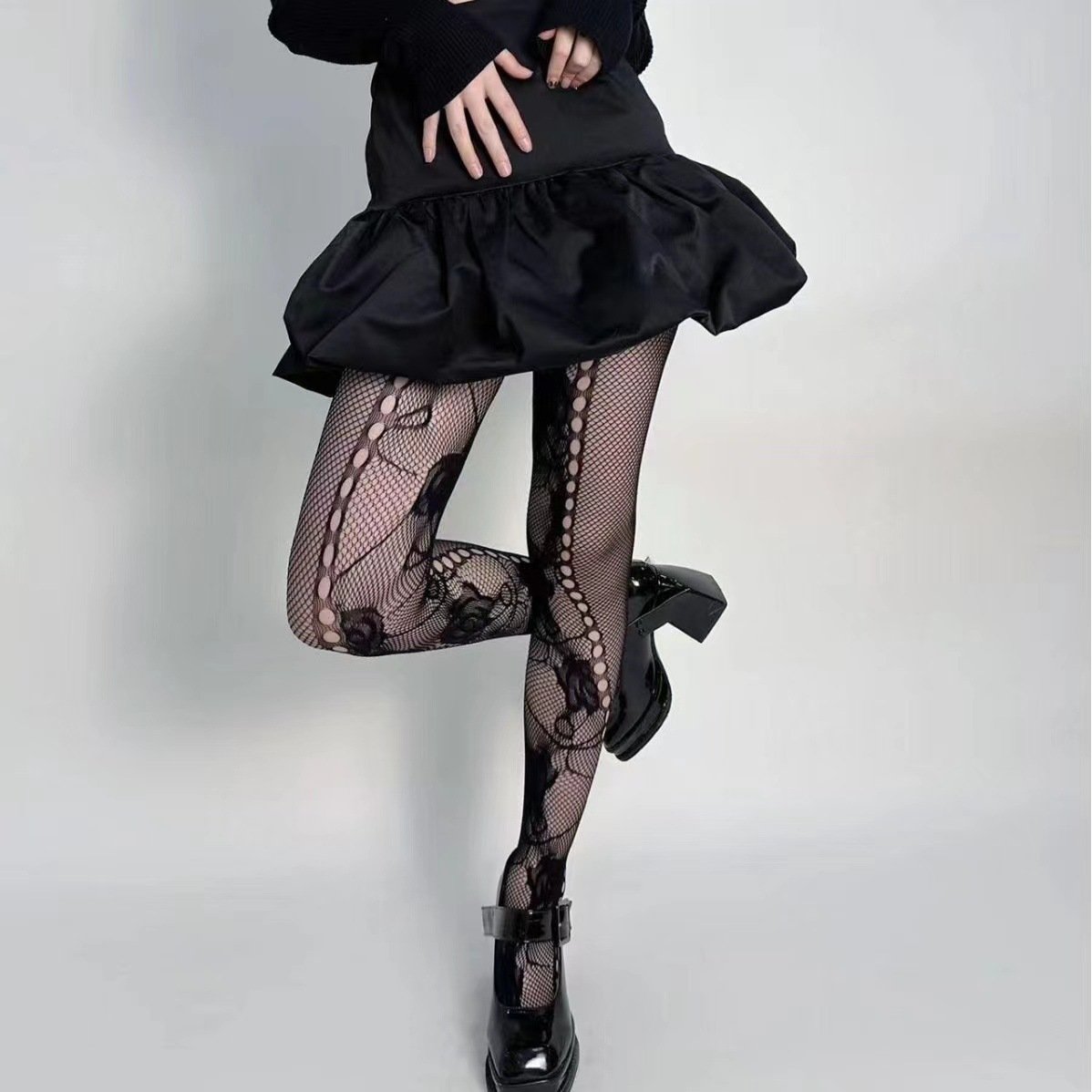 Mixed with multipleTattoo jacquard lace twill anti-hook silk black silk plus size pantyhose - 图片 3