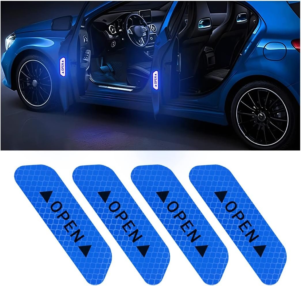 4PCS Reflective Open Warning Stickers for Car Door, Night Visibility Auto Safety Prompt Decals, 3.6 Inch Anti-Collision Protective Strip Tape, Car Accessories Universal for Truck, SUV, Van