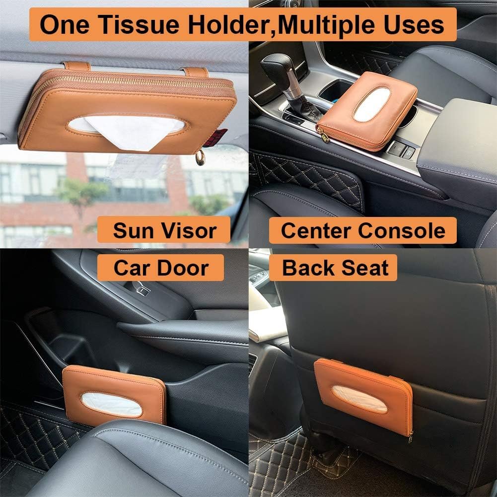 Car Tissue Holder, Sun Visor Tissue Holder, Car Visor Napkin Holder, PU Leather Backseat Tissue Case Holder for Car Vehicle with Zipper - 图片 2